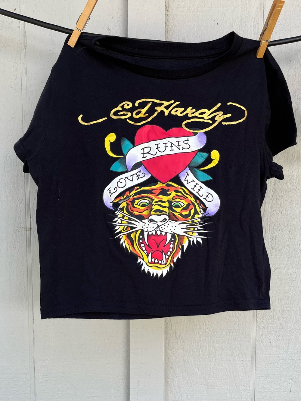 Ed Hardy Black Short Sleeve Tee with Multicolor Tiger & Heart Graphic